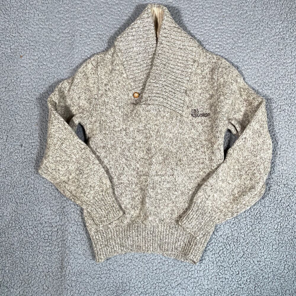 Vintage CBS Records Sweater Men's Pullover Cowl Neck Gray Wool Campus Small